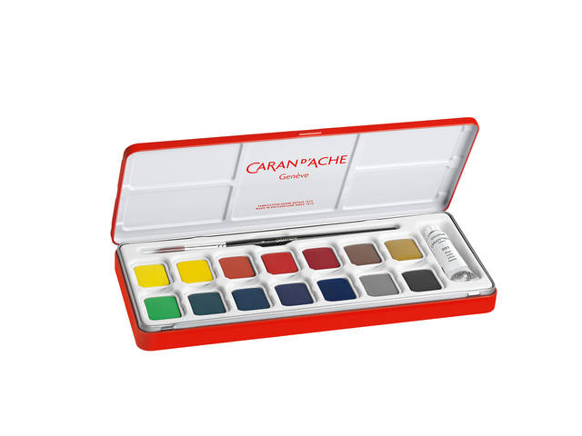 CARAN D'ACHE GOUACHE SET 14 FARBEN MIT TUBE WEISS UND PINSEL 3