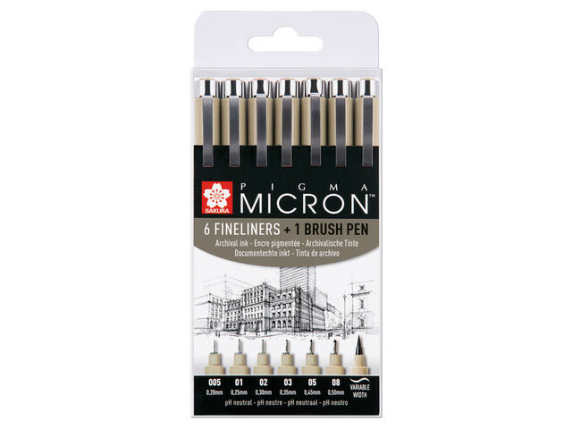 SAKURA PIGMA MICRON SET 6 FINELINER + 1 PIGMA BRUSHPEN