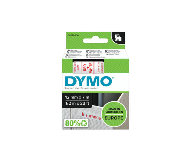 LABELTAPE DYMO 45015 12MMX7M D1 WIT/ROOD